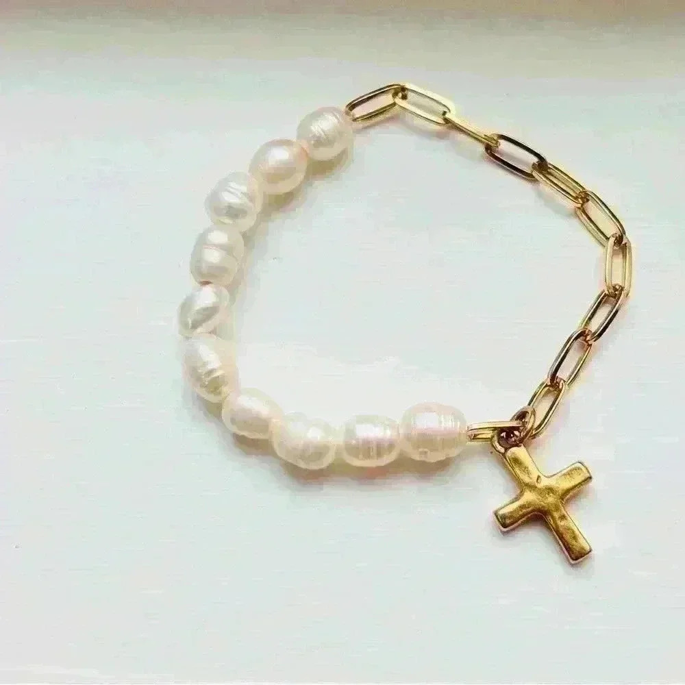 Pearl and Gold Chain (Stretch) Bracelet, w/ Antiqued Gold Cross